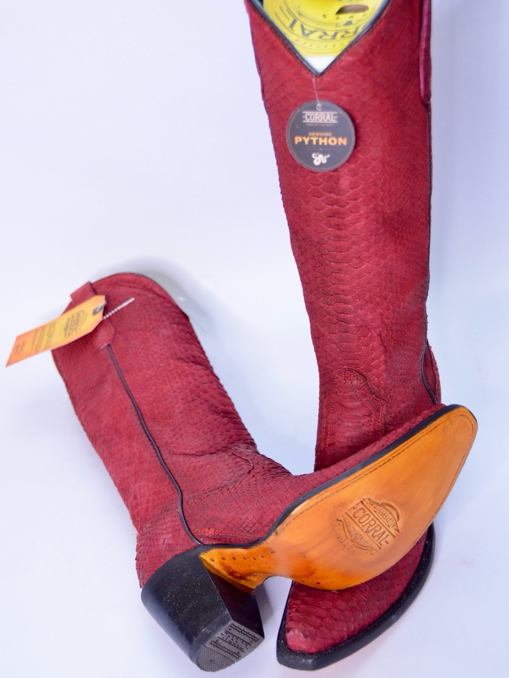Corral Boots Genuine Red Full Python Tall Top Snip Toe Zippered with New/wBox - Picture 8 of 11